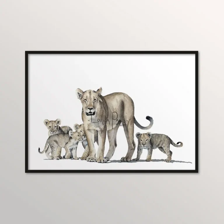 Watercolour painting by Lorna Pauls of a lioness with cubs