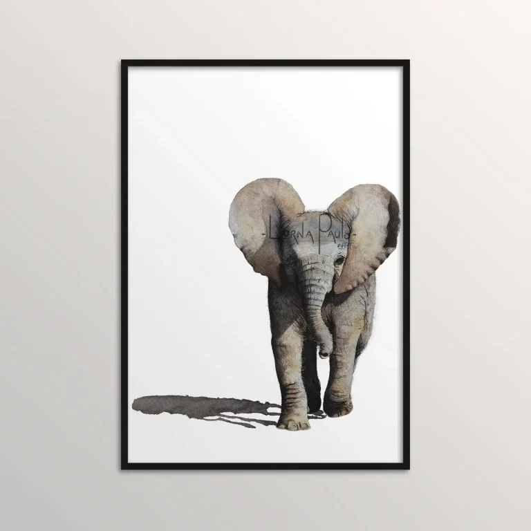 Watercolour painting of a baby elephant by Lorna Pauls